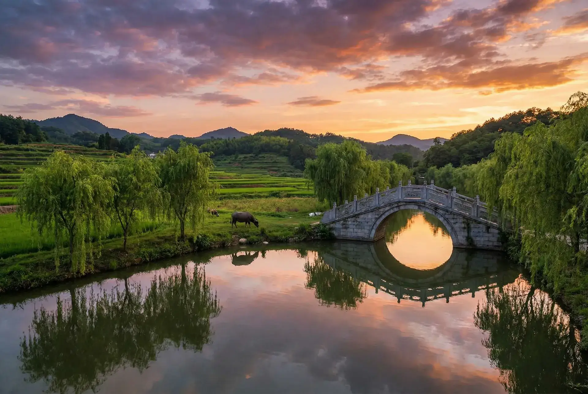 夕阳下的石拱桥与垂柳，水牛在河边吃草 - 911吃瓜网 乡村美景